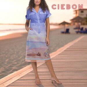 NWT! CIEBON Women’s S Beach Landscape Print Midi Dress Lavender Belt Pockets
